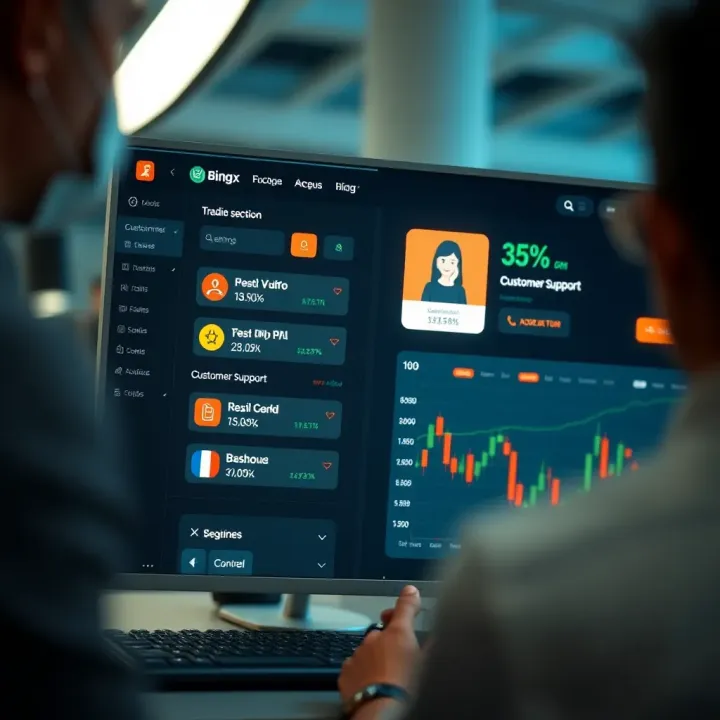 User interface of BingX platform showing trading options and customer support access