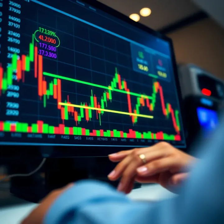Chart showing binary options trading strategy with indicators on digital screen