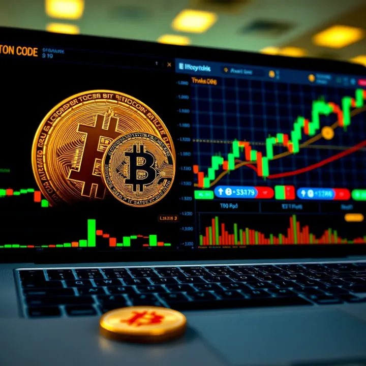 Automated Cryptocurrency Trading on Bitcoin Code Platform Digital representation of automated cryptocurrency trading platform with Bitcoin symbols and data charts