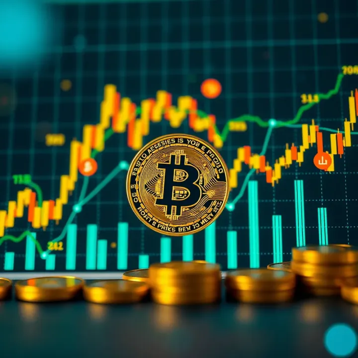 Graph showing bitcoin price fluctuations with economic and technology icons