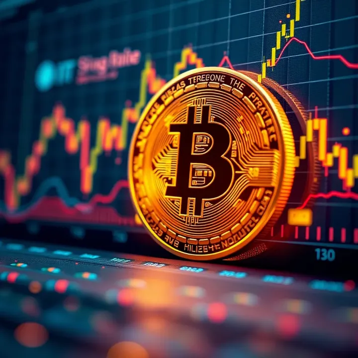 Graph showing Bitcoin price trends with digital elements symbolizing blockchain technology