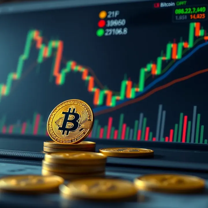 Illustration showing digital cryptocurrency market analysis with graphs and Bitcoin icons