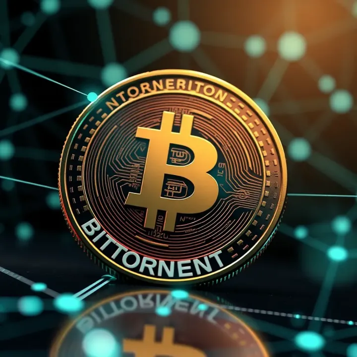 Digital representation of Bittorrent Coin logo with blockchain network background