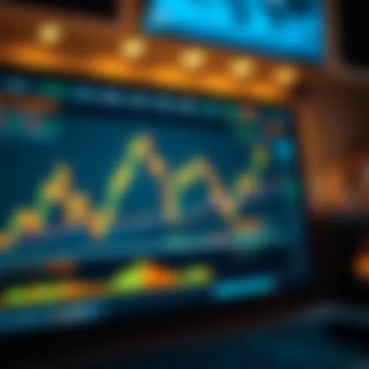 Graph showing Bitcoin price fluctuations and technical analysis indicators on a digital screen