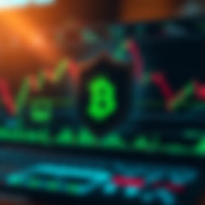 Visual representation of secure digital trading platform with shield and cryptocurrency symbols