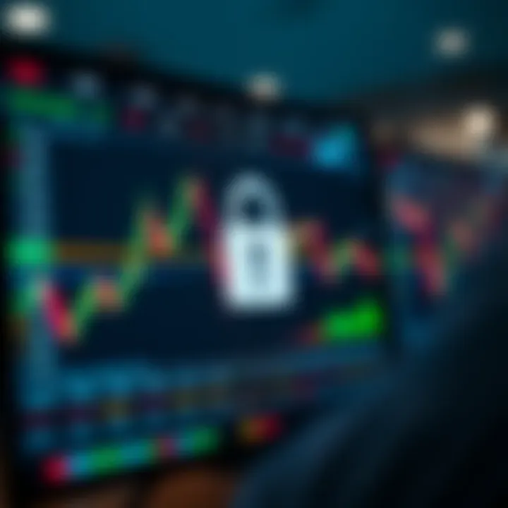 Secure digital trading platform interface displaying binary options charts and security features