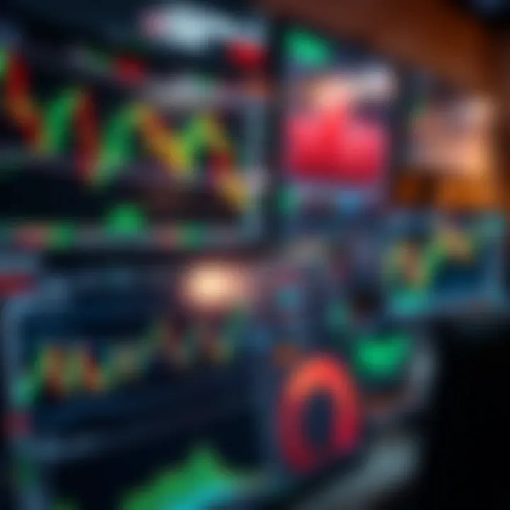 User interface showing different financial charts and trading indicators on multiple monitors