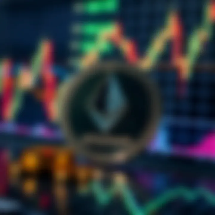 Ethereum digital coin surrounded by fluctuating market charts
