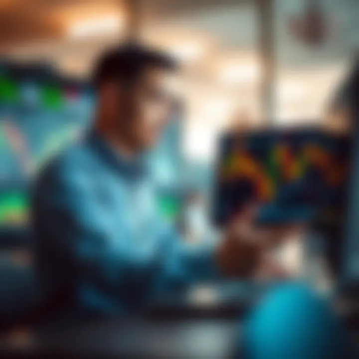 Investor Evaluating Benefits and Risks of Automated Trading on Financial Dashboard Conceptual illustration of an investor analyzing automated trading benefits and risks on a financial dashboard