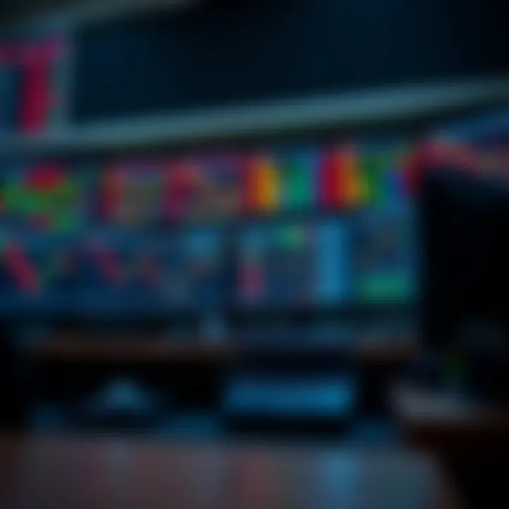 Trading desk with multiple computer screens showing stock market charts and data