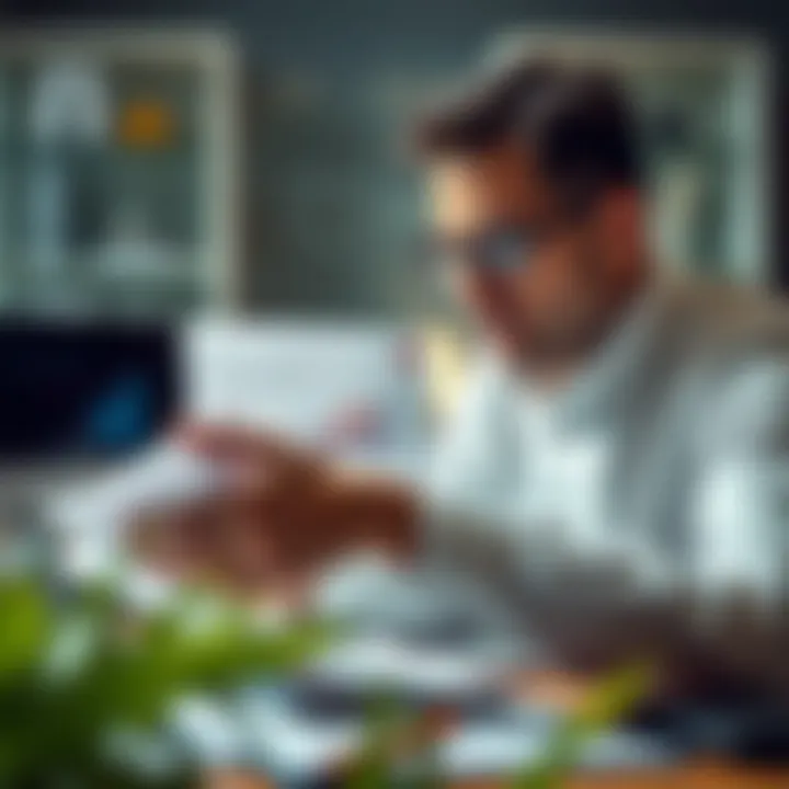 Business professional analyzing financial statements with graphs and reports