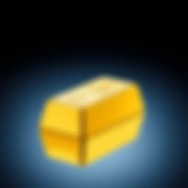 Standard gold bar resting on a reflective surface showing its rectangular shape and smooth finish