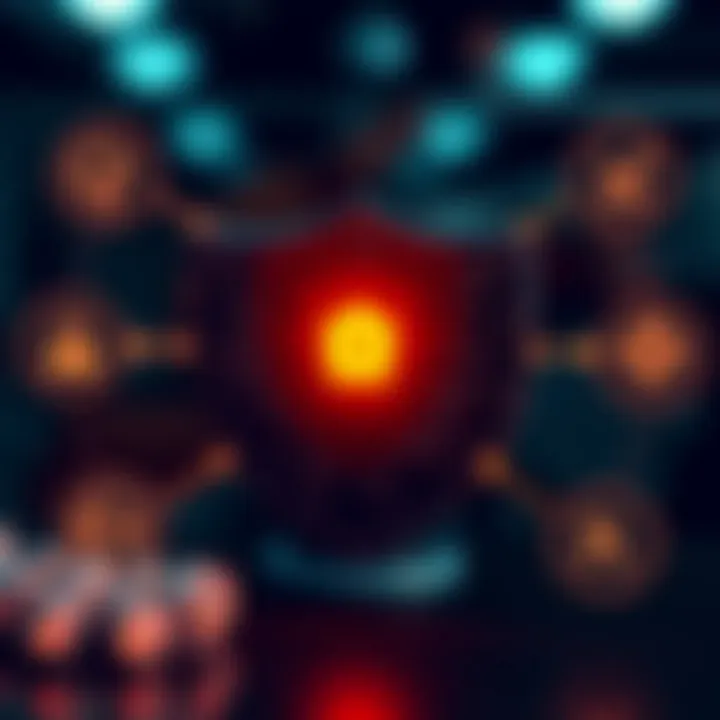 Security shield symbol with digital assets and regulatory icons surrounding it