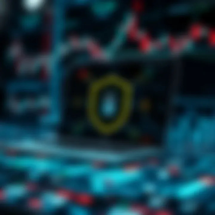 Conceptual representation of secure online trading with digital protection symbols and financial graphs