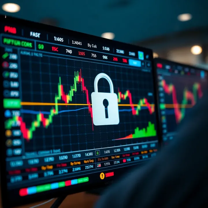Secure digital trading platform interface displaying binary options charts and security features