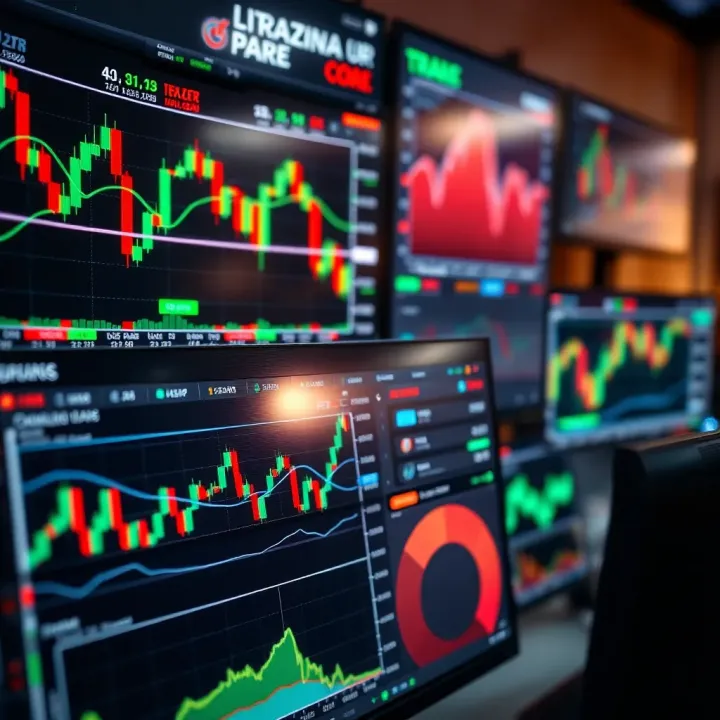 User interface showing different financial charts and trading indicators on multiple monitors