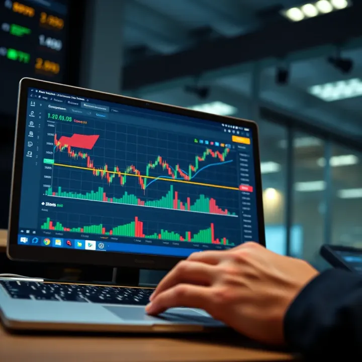 Illustration of a digital trading platform displaying a demo account interface with charts and virtual funds