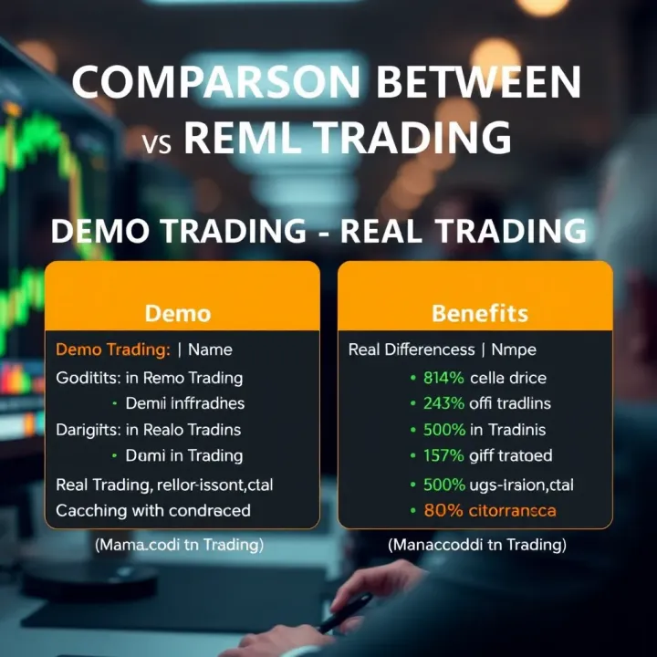 Graphic showing comparison between demo trading and real trading highlighting key differences and benefits