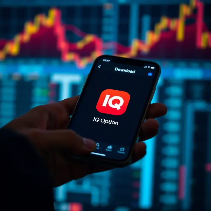 Secure mobile device screen showing IQ Option app icon ready to download