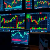 Digital interface showing financial charts and indicators on multiple screens