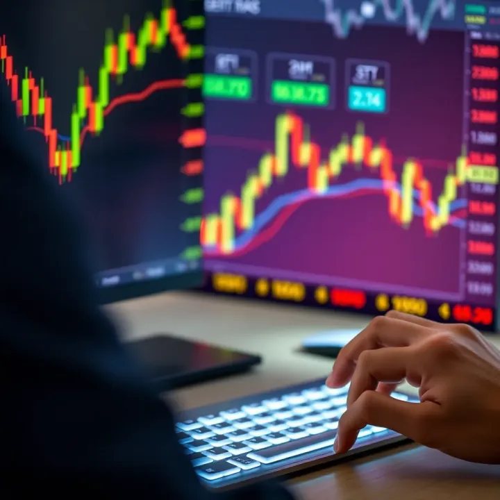 Hand using computer with Forex trading platform showing currency pairs and market data
