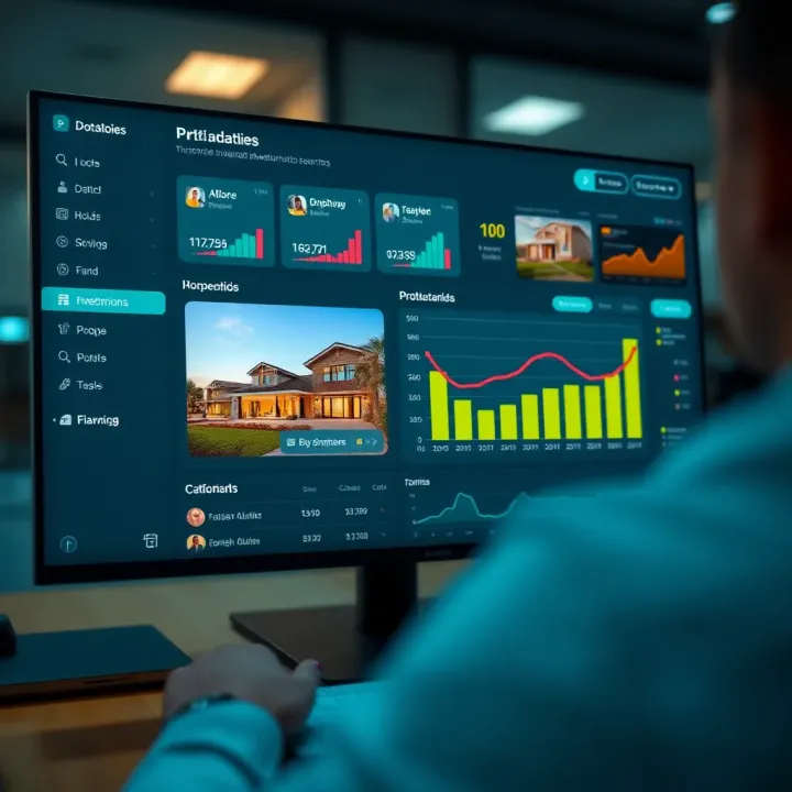 Digital Dashboard for Real Estate Investment Management Illustration of a digital real estate investment platform dashboard showing property options and portfolio diversification