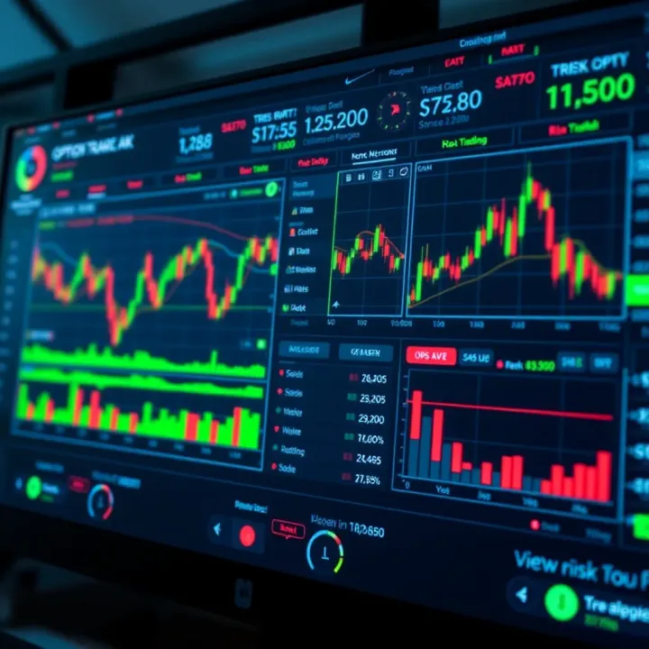 Digital dashboard displaying options trading platform with charts and risk management tools