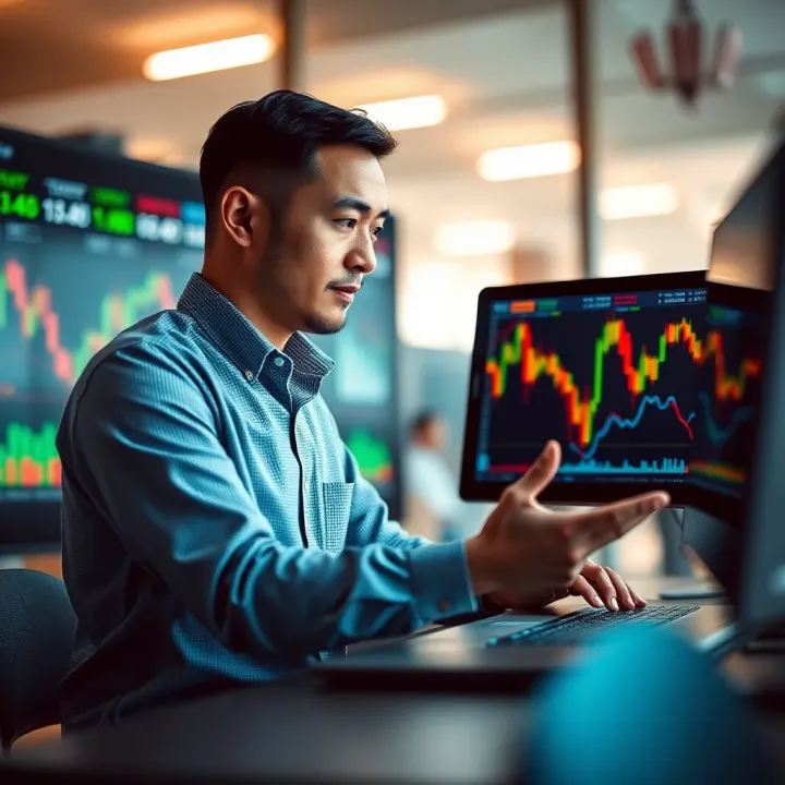 Investor Evaluating Benefits and Risks of Automated Trading on Financial Dashboard Conceptual illustration of an investor analyzing automated trading benefits and risks on a financial dashboard