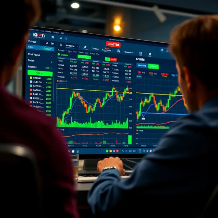 Interface of IQ Option trading platform showing various financial assets and charts