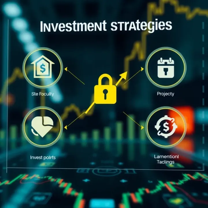 Graphical representation of investment growth strategies and secure transaction icons