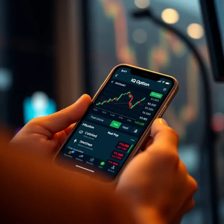 Smartphone displaying IQ Option app interface with trading charts and options