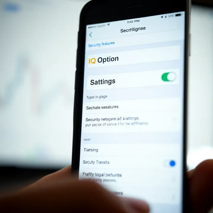 Close-up of smartphone showing IQ Option features and security settings