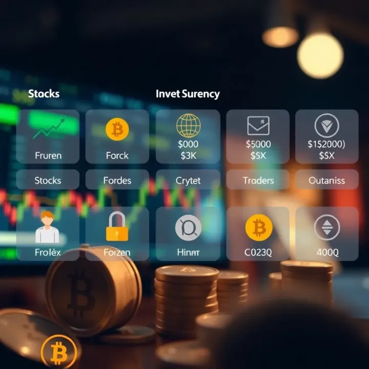 Illustration of different asset categories available for online trading such as stocks, forex, and cryptocurrencies