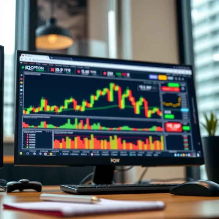 IQ Option platform interface displaying trading charts and financial indicators on Windows desktop