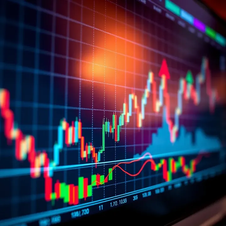 Graph illustrating stock market trends with upward and downward movements on a digital screen