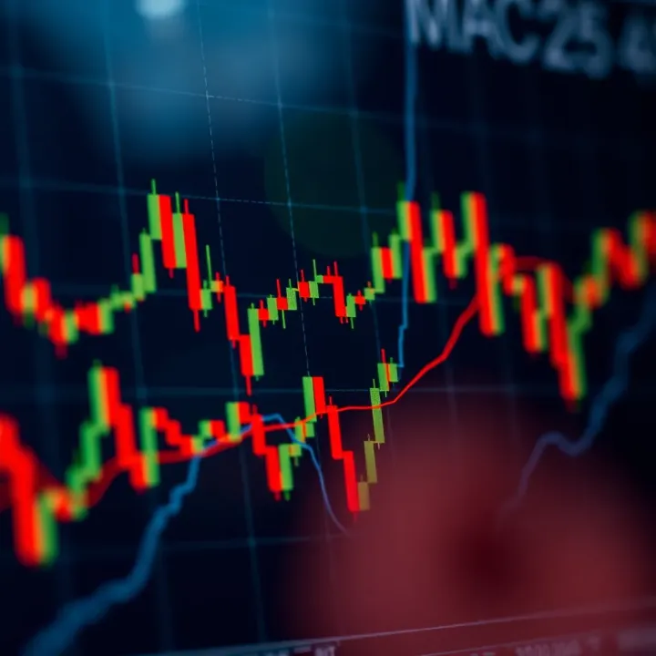 MACD Indicator with Convergence and Divergence Lines on Financial Chart Chart displaying MACD indicator with convergence and divergence lines overlaid on stock price movements