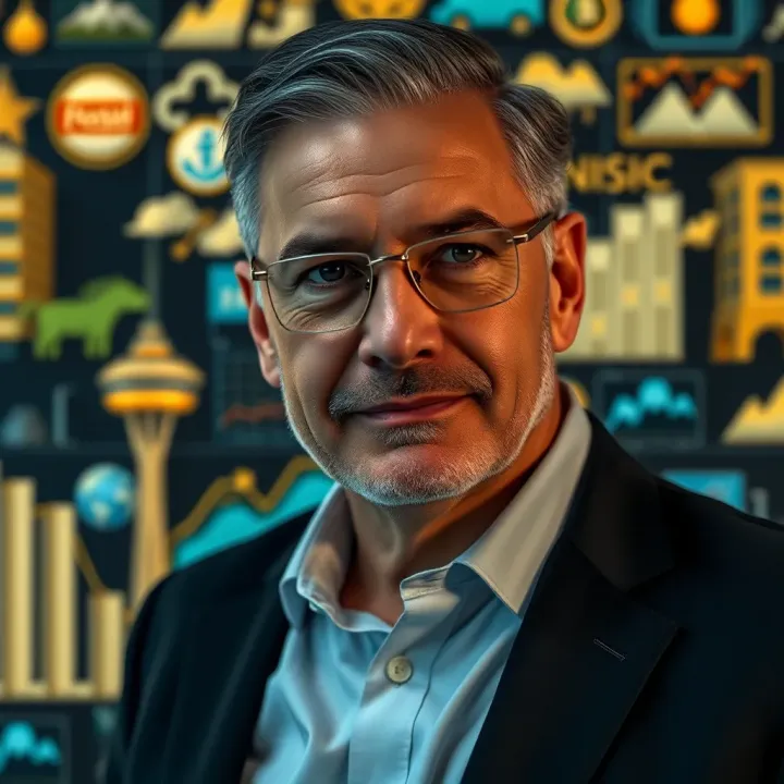 Portrait of Mark Mateschitz with a background of global business icons