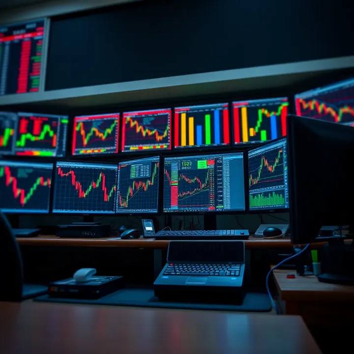 Trading desk with multiple computer screens showing stock market charts and data