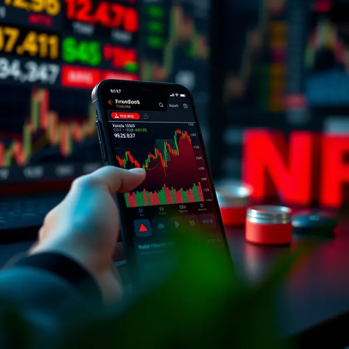 Mobile device displaying a financial trading application with stock charts and market indicators