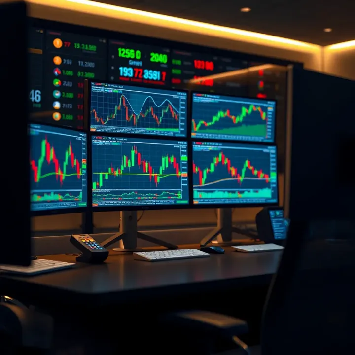 Multiple computer monitors displaying trading charts and graphs on a desk setup