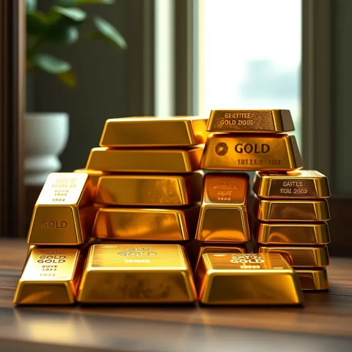 Collection of gold bars stacked neatly, illustrating the typical size and shape used in global markets