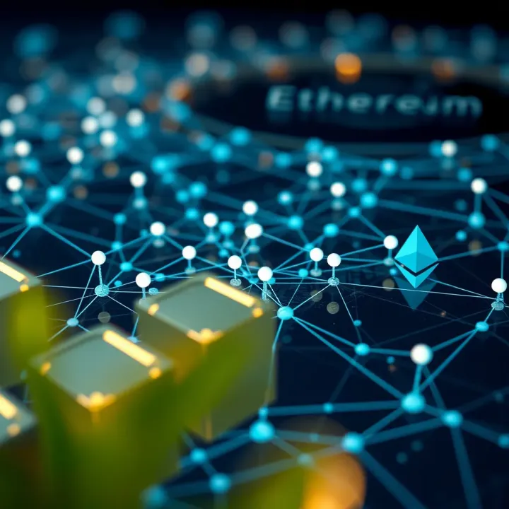 Ethereum Blockchain Network Visualization Graphic representation of Ethereum blockchain with network connections and data flow