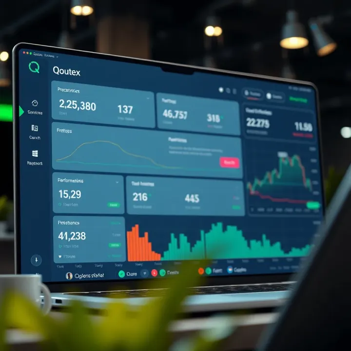 Dashboard interface displaying Qoutex trading options and performance metrics