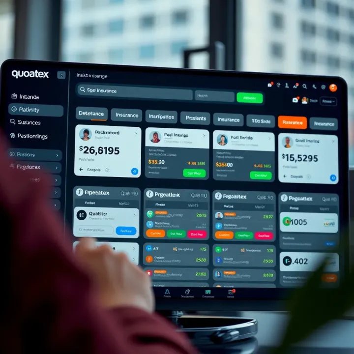Dashboard interface of insurance comparison platform showing various insurance options and prices
