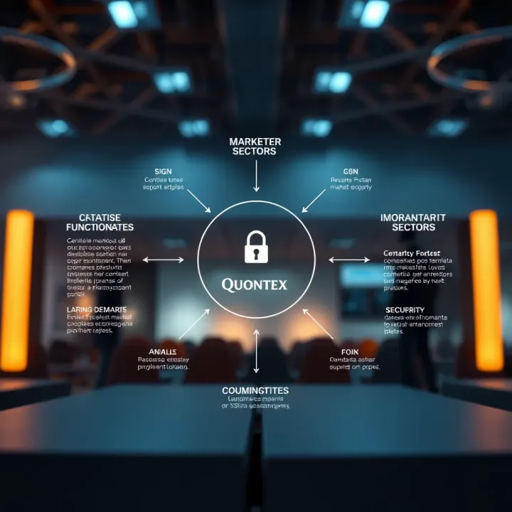 Core Functionalities, Market Sectors, and Security of Quontex Diagram illustrating Quontex's core functionalities, market sectors, and security features