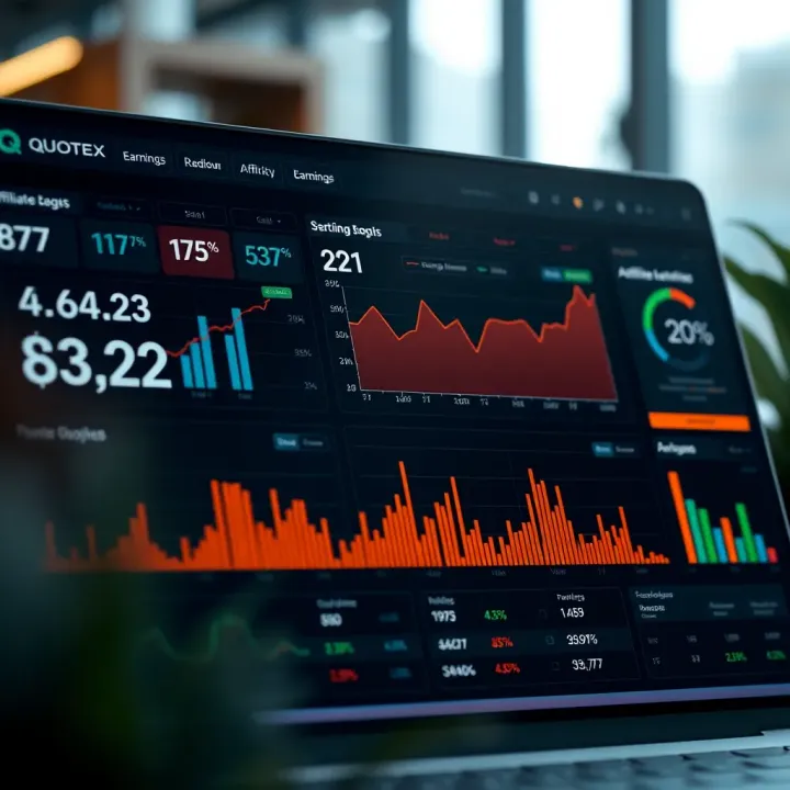 Dashboard overview displaying affiliate performance metrics and earnings on the Quotex affiliate area