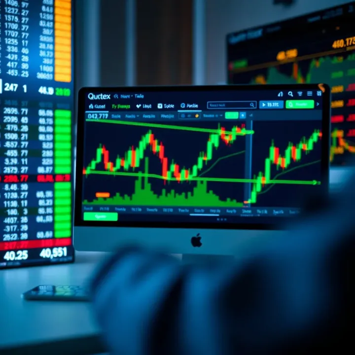 Interface of Quotex platform showing binary options trading charts and market data