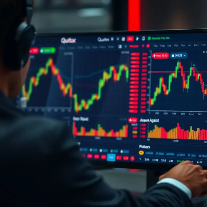 User interface showcasing Quotex trading platform with asset selection and chart analysis features