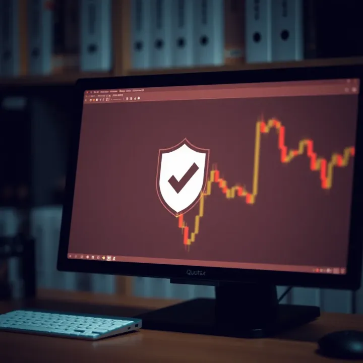 Secure installation and use of Quotex software on desktop computer with shield and checkmark icons