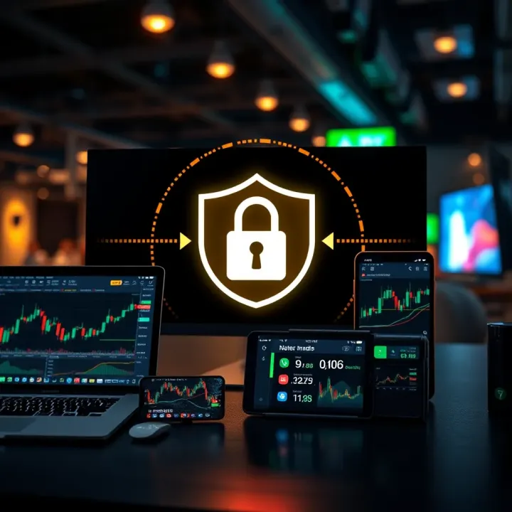 Secure connection symbol with various digital devices displaying trading activities